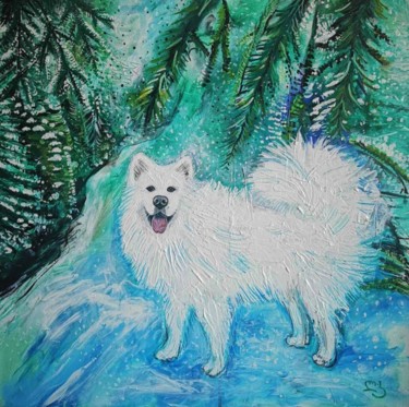「dog painting, Samoy…」というタイトルの絵画 Lika Kakhidzeによって, オリジナルのアートワーク, アクリル
