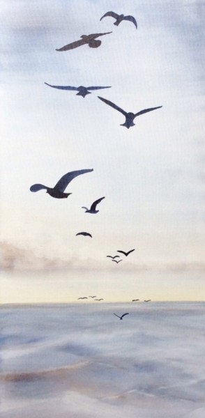 Pintura intitulada "Goelands de l’ile -…" por Marie-Pascale Le Goff (L’île à L’eau), Obras de arte originais, Aquarela