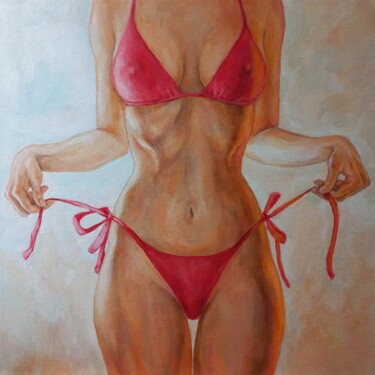 Malarstwo zatytułowany „Red swimsuit” autorstwa Liliia Shpitaleva, Oryginalna praca, Olej Zamontowany na Drewniana rama noszy