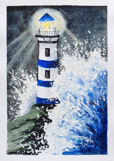 Schilderij getiteld "Night Lighthouse" door Liliia Yeremenko, Origineel Kunstwerk, Aquarel