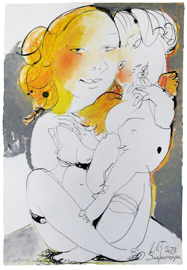 Schilderij getiteld "With Little Cupid" door Lilit Soghomonyan, Origineel Kunstwerk, Inkt