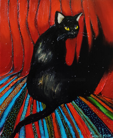 Malarstwo zatytułowany „Enigmatic Cat” autorstwa Lilith Gurekhyan, Oryginalna praca, Olej Zamontowany na Drewniana rama noszy