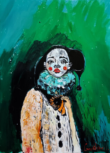 Painting titled "Melancholy Harlequin" by Lilith Gurekhyan, Original Artwork, Oil Mounted on Wood Stretcher frame