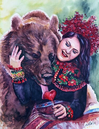 Malarstwo zatytułowany „A Bear's Sweet Treat” autorstwa Liliya Hudry, Oryginalna praca, Akwarela