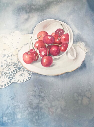 Painting titled "Lace and berries" by Liliya Khomyakova (Artelida), Original Artwork, Watercolor