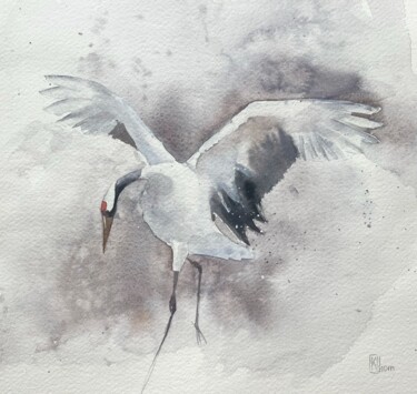 Painting titled "Crane" by Liliya Khomyakova (Artelida), Original Artwork, Watercolor