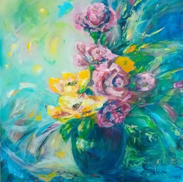 Schilderij getiteld "Roses" door Liliya Tapponnier (LiTa art), Origineel Kunstwerk, Acryl Gemonteerd op Frame voor houten br…