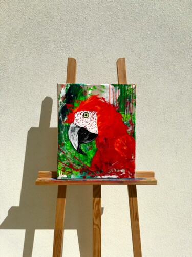 绘画 标题为“Perroquet rouge” 由Lilou, 原创艺术品, 丙烯 安装在木质担架架上