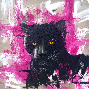 Картина под названием "Panthère noire sur…" - Lilou, Подлинное произведение искусства, Акрил Установлен на Деревянная рама д…