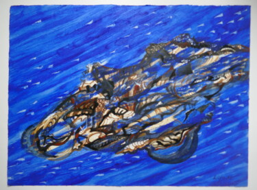 Картина под названием "Blue Moto Rider" - Lilya P Dear, Подлинное произведение искусства, Акрил Установлен на Деревянная пан…