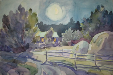 Painting titled "Лунная ночь в дерев…" by Lilia Muratova, Original Artwork, Watercolor