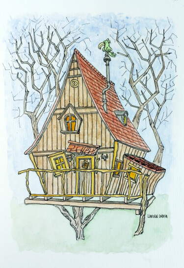 Painting titled "Casa na árvore" by Lincoln Ladeia, Original Artwork, Watercolor