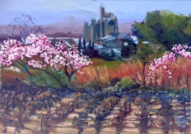 Painting titled "Les Amandiers, Cape…" by Linda H Matthews, Original Artwork, Oil Mounted on Wood Stretcher frame