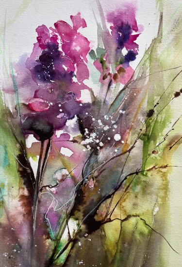 Painting titled "Glaïeuls sauvages" by Line Maugnié, Original Artwork, Watercolor