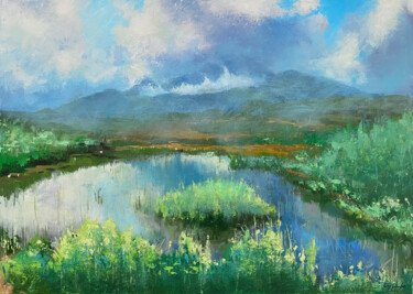 Painting titled "Scotland Landscape…" by Ling Strube, Original Artwork, Oil Mounted on Wood Stretcher frame