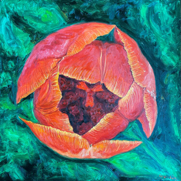 Painting titled "Orange Tulip - II" by Ling Chen, Original Artwork, Oil Mounted on Wood Stretcher frame