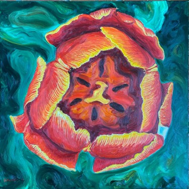 Painting titled "Orange Tulip - III" by Ling Chen, Original Artwork, Oil Mounted on Wood Stretcher frame