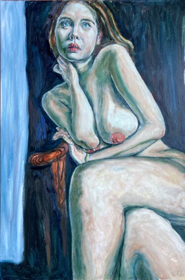 Painting titled "Reclining" by Ling Chen, Original Artwork, Oil Mounted on Wood Stretcher frame