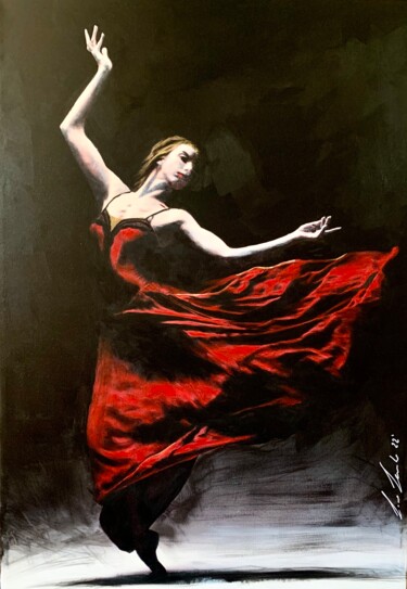 Schilderij getiteld "WOMAN IN RED DANCING" door Lino Scerbo, Origineel Kunstwerk, Acryl Gemonteerd op Frame voor houten bran…