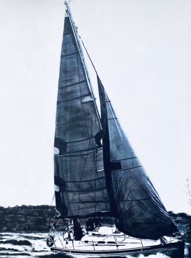 Schilderij getiteld "Barca in Regata" door Lino Scerbo, Origineel Kunstwerk, Acryl Gemonteerd op Frame voor houten brancard