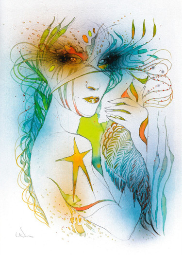 Drawing titled "Femme Oiseau" by Lino Di Vinci, Original Artwork, Airbrush