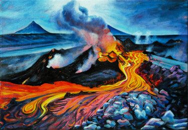 Painting titled "Eruption volcanique" by Lionel Le Jeune, Original Artwork, Oil Mounted on Wood Stretcher frame