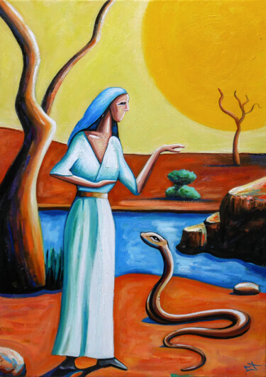 Painting titled "La femme au cobra" by Lionel Le Jeune, Original Artwork, Oil Mounted on Wood Stretcher frame