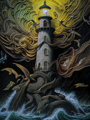 Impressões e gravuras intitulada "Phare des dragons d…" por Lionel Morateur, Obras de arte originais, Pintura digital