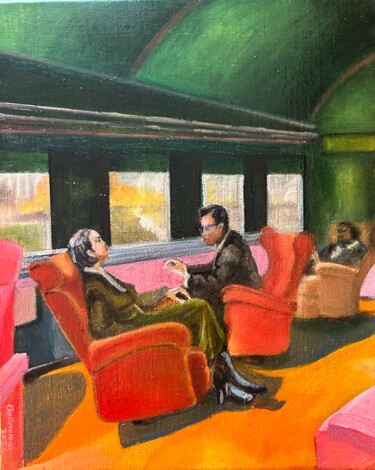 Painting titled "Hiawatha Parlor Car" by Lisbeth Buonanno, Original Artwork, Oil Mounted on Wood Stretcher frame