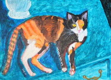 Malerei mit dem Titel "Cat on a turquoise…" von Liuba Zdor, Original-Kunstwerk, Acryl