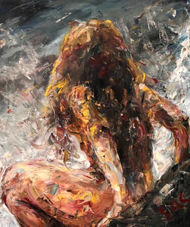 Painting titled "Bather" by Liubou Sas, Original Artwork, Oil Mounted on Wood Stretcher frame