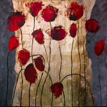 Painting titled "Poppies at dusk" by Lala Belyaevskaya (Lalabel), Original Artwork, Acrylic Mounted on Wood Stretcher frame