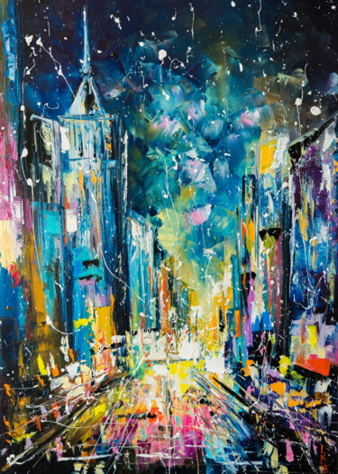 Painting titled "Evening on fifth av…" by Liubov Kuptsova, Original Artwork, Oil