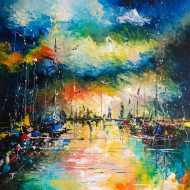 Peinture intitulée "Sunset at harbor" par Liubov Kuptsova, Œuvre d'art originale, Huile Monté sur Carton