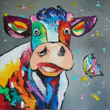 Malerei mit dem Titel "Happy cow" von Liubov Kuptsova, Original-Kunstwerk, Öl Auf Keilrahmen aus Holz montiert