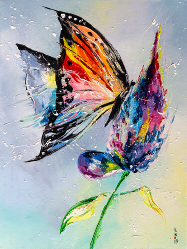 Картина под названием "BUTTERFLY ON FLOWER" - Liubov Kuptsova, Подлинное произведение искусства, Масло Установлен на Деревян…