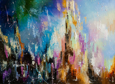 Painting titled "Evening city I" by Liubov Kuptsova, Original Artwork, Oil Mounted on Wood Stretcher frame