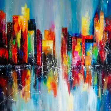 Картина под названием "Downtown after rain" - Liubov Kuptsova, Подлинное произведение искусства, Масло Установлен на Деревян…