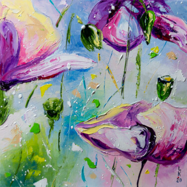 Painting titled "Purple poppies 2" by Liubov Kuptsova, Original Artwork, Oil Mounted on Wood Stretcher frame