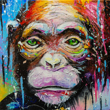 Painting titled "I'm chimpanzee" by Liubov Kuptsova, Original Artwork, Oil Mounted on Wood Stretcher frame