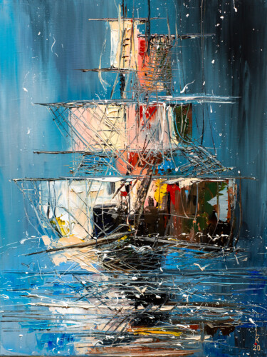 Malerei mit dem Titel "Ghost ship" von Liubov Kuptsova, Original-Kunstwerk, Öl Auf Keilrahmen aus Holz montiert