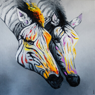 Painting titled "Zebras 2" by Liubov Kuptsova, Original Artwork, Oil Mounted on Wood Stretcher frame