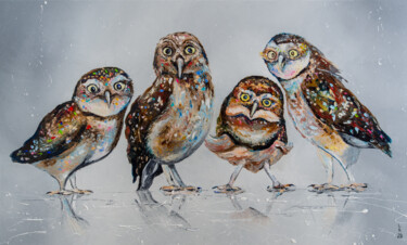 Pintura intitulada "Company of owls" por Liubov Kuptsova, Obras de arte originais, Óleo Montado em Armação em madeira