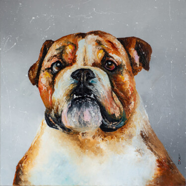 Painting titled "Hey bulldog!" by Liubov Kuptsova, Original Artwork, Oil Mounted on Wood Stretcher frame