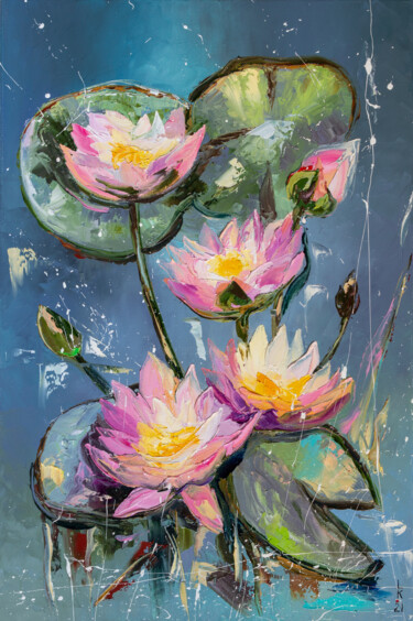Painting titled "Water lilies" by Liubov Kuptsova, Original Artwork, Oil Mounted on Wood Stretcher frame