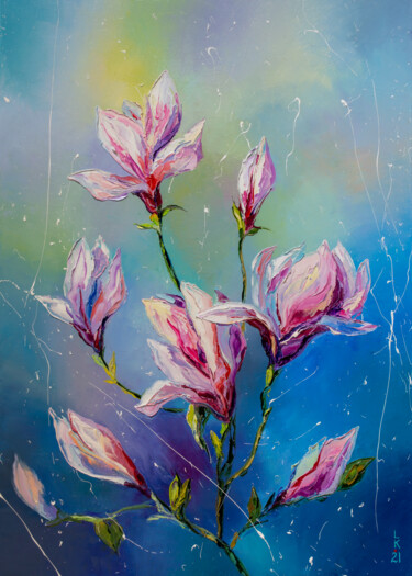 Schilderij getiteld "Blooming magnolia" door Liubov Kuptsova, Origineel Kunstwerk, Olie Gemonteerd op Frame voor houten bran…