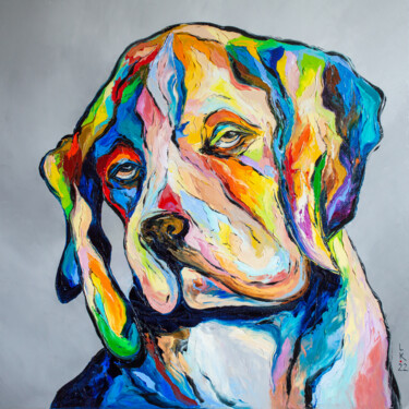 Painting titled "Dog philosopher 2" by Liubov Kuptsova, Original Artwork, Oil Mounted on Wood Stretcher frame