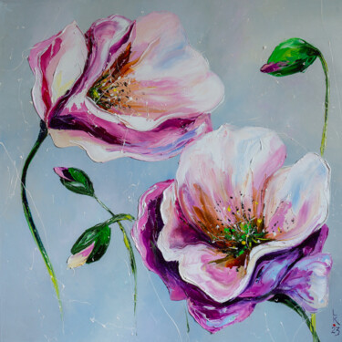 Painting titled "Gentle poppies" by Liubov Kuptsova, Original Artwork, Oil Mounted on Wood Stretcher frame