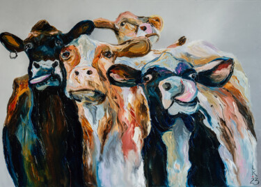 Pittura intitolato "Cows' party" da Liubov Kuptsova, Opera d'arte originale, Olio Montato su Telaio per barella in legno
