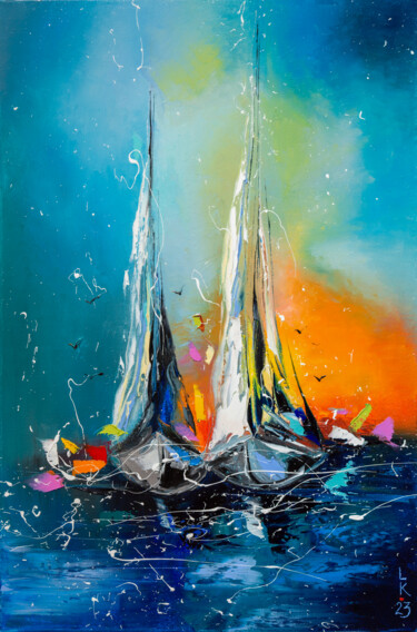 제목이 "Boats in the sunset…"인 미술작품 Liubov Kuptsova로, 원작, 기름 나무 들것 프레임에 장착됨
